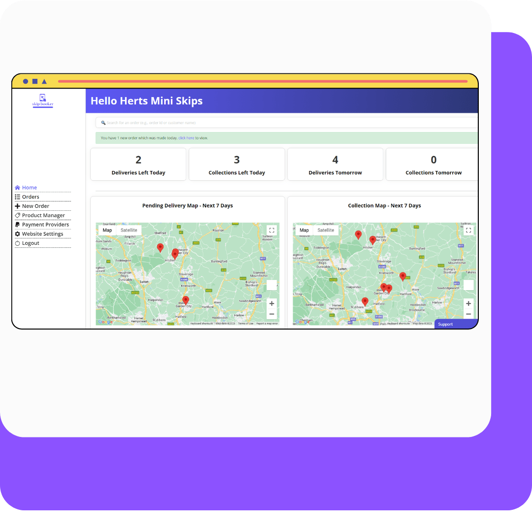 A screenshot of the skip booker dashboard home page. The screenshot shows an overview of orders (E.G how many are due for delivery today) along with a map.